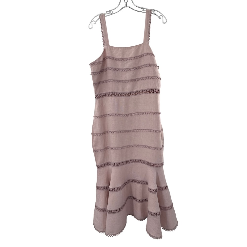 Saylor Dress Womens L Pink Midi Tiered Scalloped Crochet Trim Cotton Linen Blend - Picture 4 of 7
